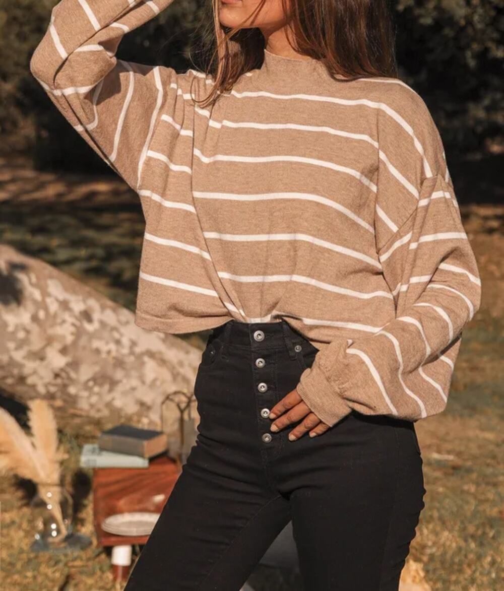 Lulu's Cozy Tan Striped Knit Ballon Sleeve Crop Sweater Size S